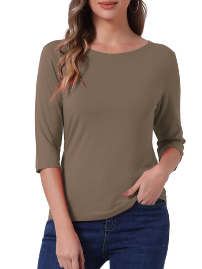 Casual Boat Neck Elbow Sleeve Solid Basic T-shirt