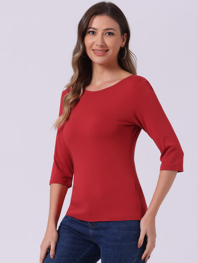 Casual Boat Neck Elbow Sleeve Solid Basic T-shirt