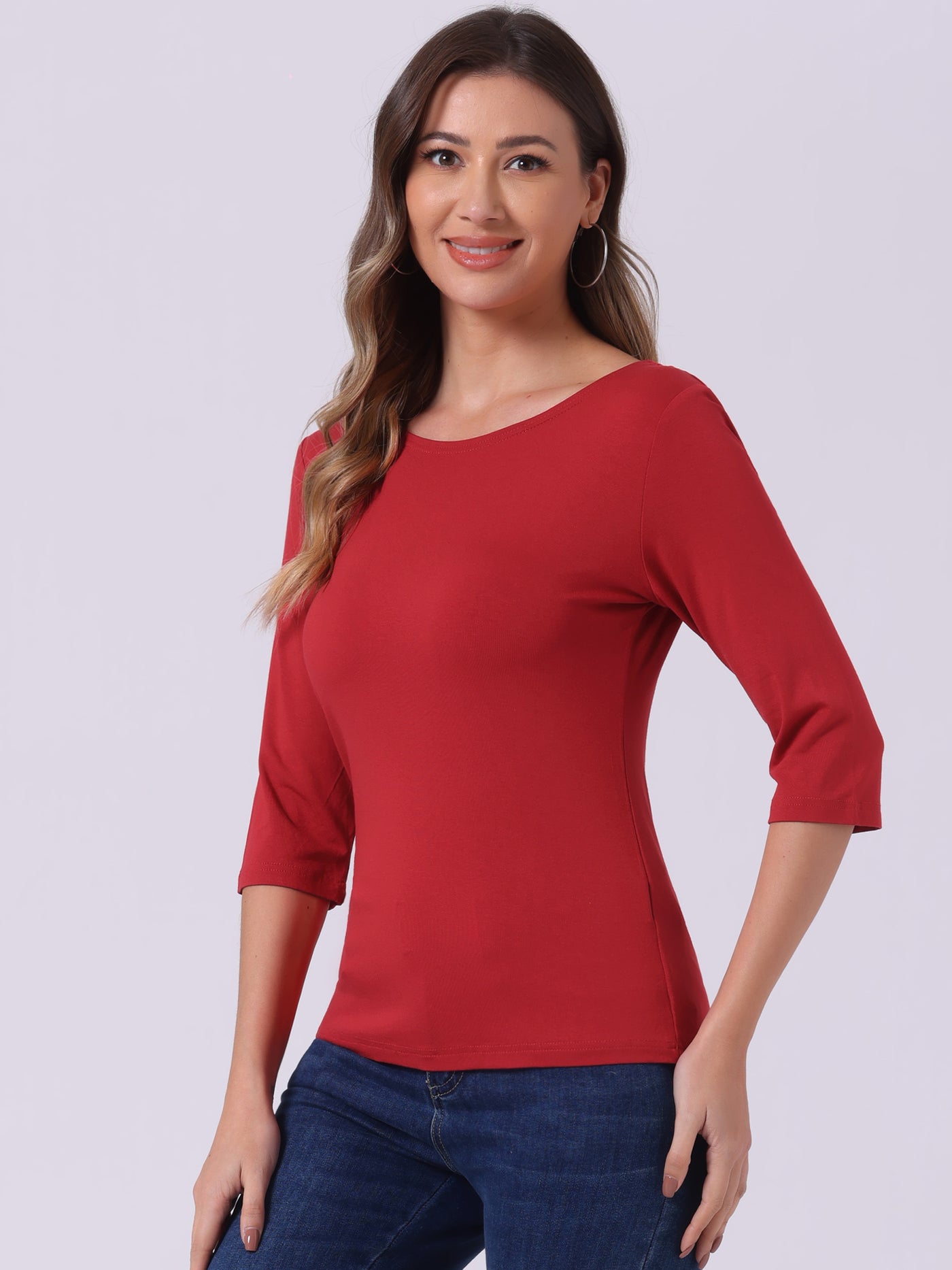 Allegra K Casual Boat Neck Elbow Sleeve Solid Basic T-shirt