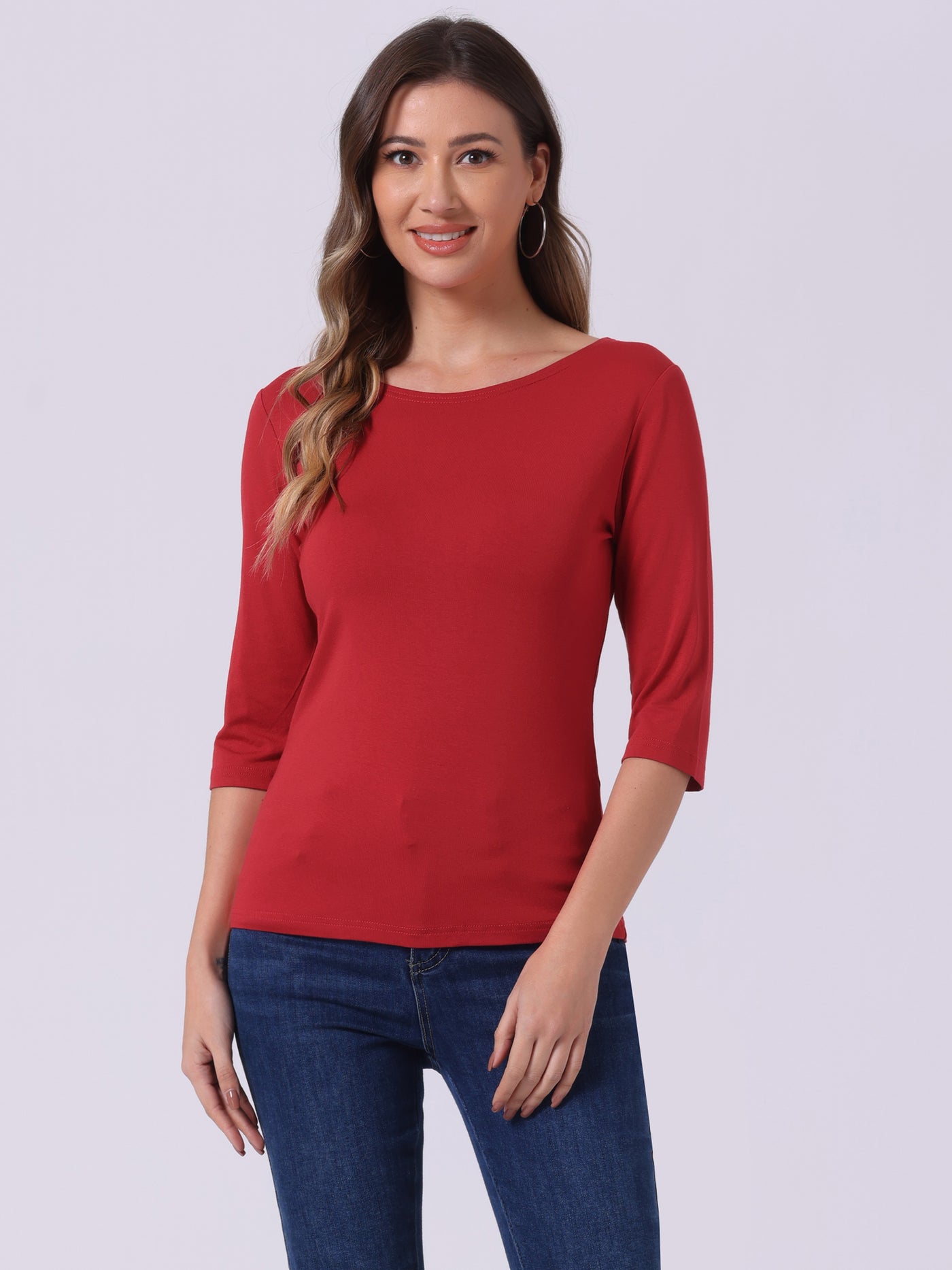 Allegra K Casual Boat Neck Elbow Sleeve Solid Basic T-shirt