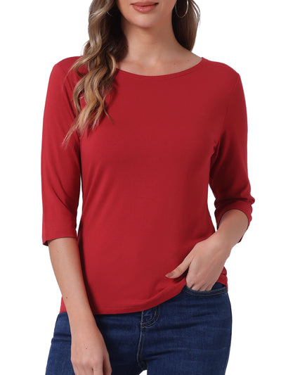 Casual Boat Neck Elbow Sleeve Solid Basic T-shirt