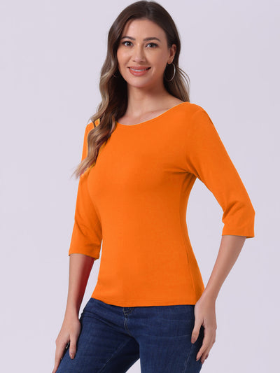 Casual Boat Neck Elbow Sleeve Solid Basic T-shirt