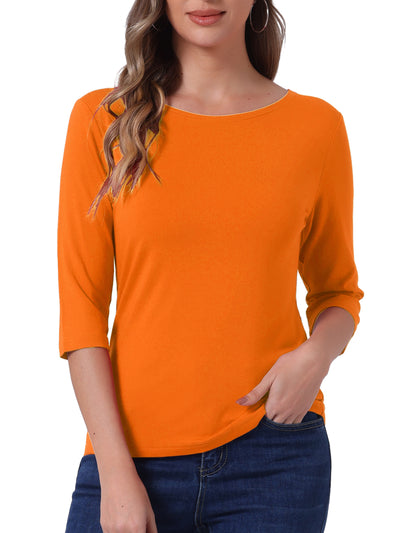 Casual Boat Neck Elbow Sleeve Solid Basic T-shirt