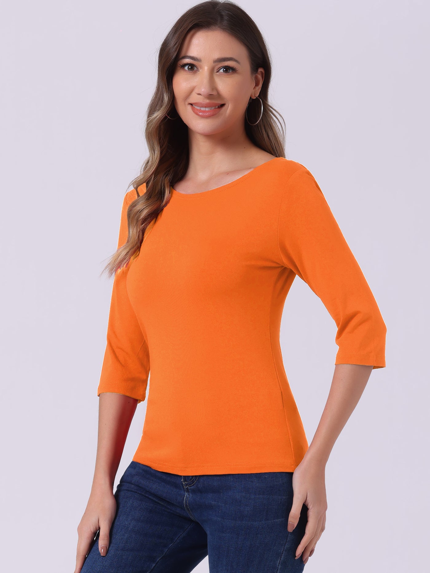 Allegra K Casual Boat Neck 3/4 Sleeve Solid Basic T-shirt