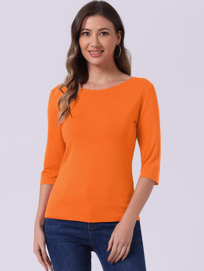 Casual Boat Neck 3/4 Sleeve Solid Basic T-shirt