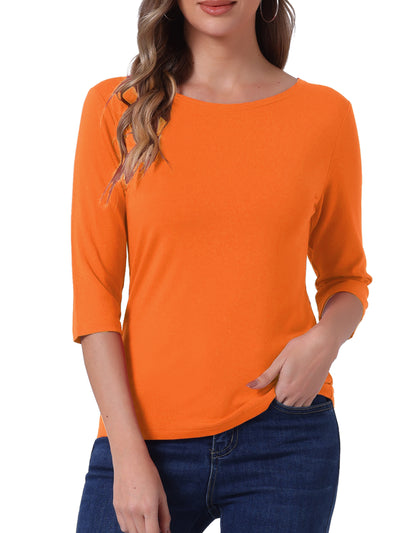 Casual Boat Neck 3/4 Sleeve Solid Basic T-shirt