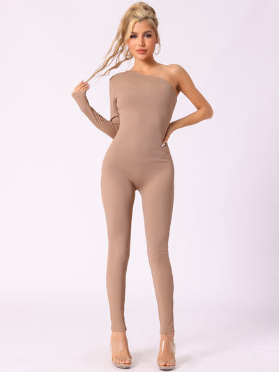 One Shoulder Long Sleeved Solid Color Unitard Jumpsuit