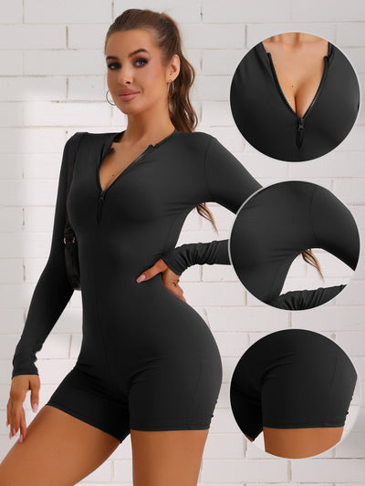 Front Zipper One Piece Long Sleeve Stretchy Workout Romper