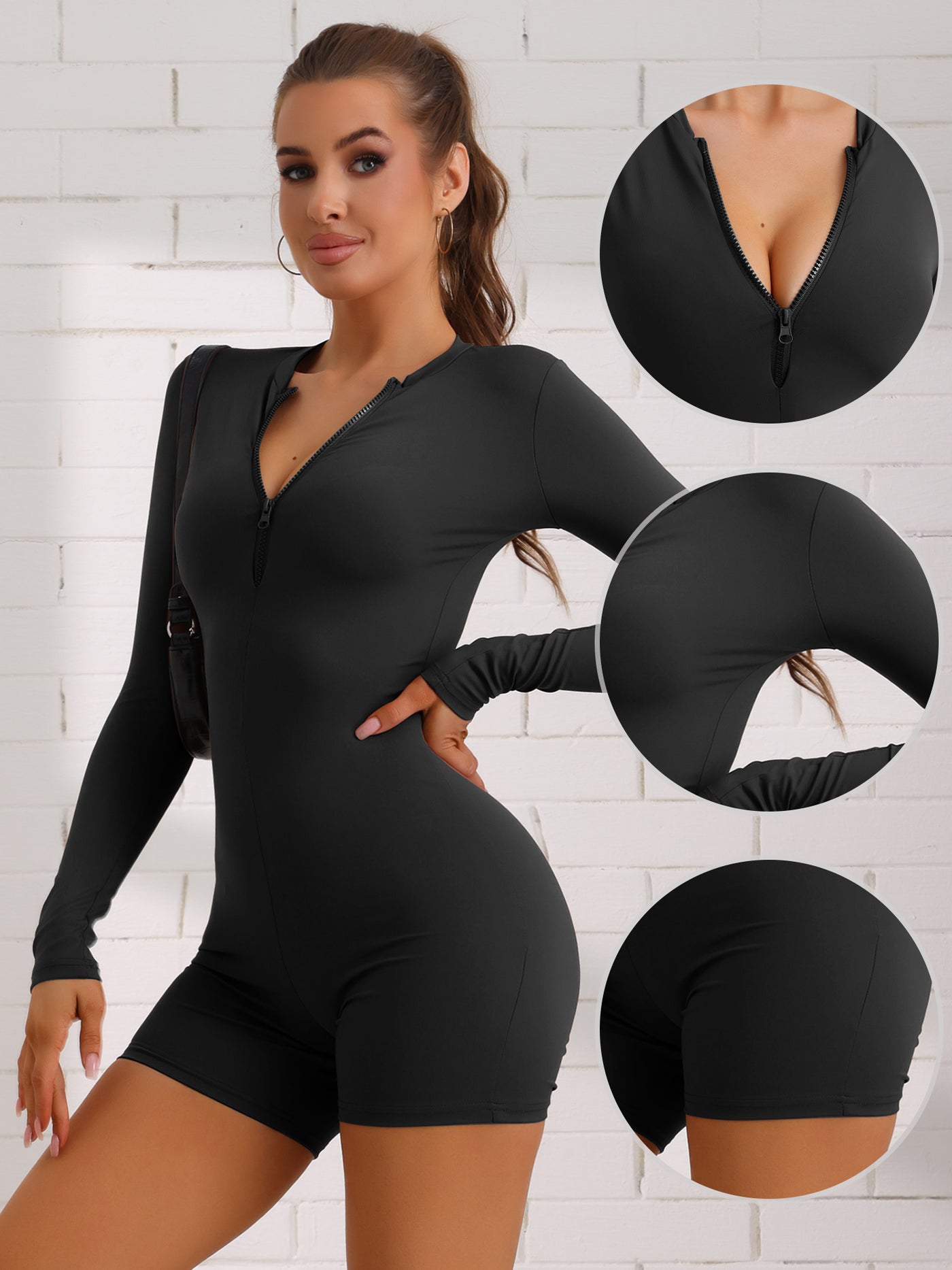 Allegra K Front Zipper One Piece Long Sleeve Stretchy Workout Romper