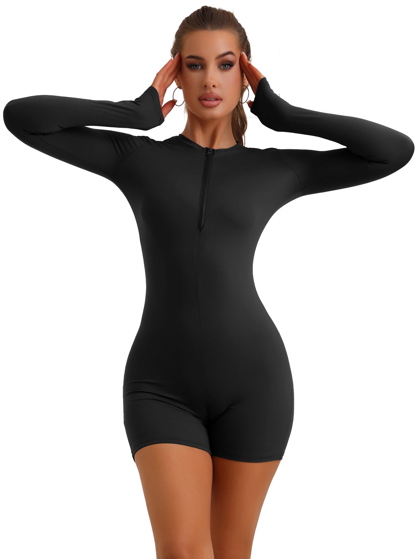 Allegra K Front Zipper One Piece Long Sleeve Stretchy Workout Romper