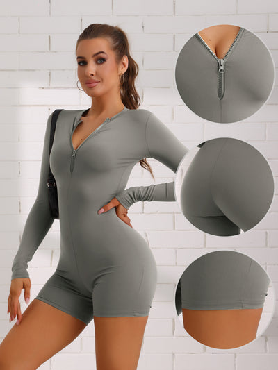 Front Zipper One Piece Long Sleeve Stretchy Workout Romper