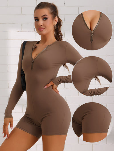 Front Zipper One Piece Long Sleeve Stretchy Workout Romper