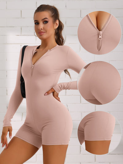 Front Zipper One Piece Long Sleeve Stretchy Workout Romper