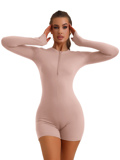 Front Zipper One Piece Long Sleeve Stretchy Workout Romper