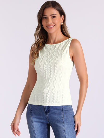 Allegra K Textured Sleeveless Boat Neck Fitted Basic Top