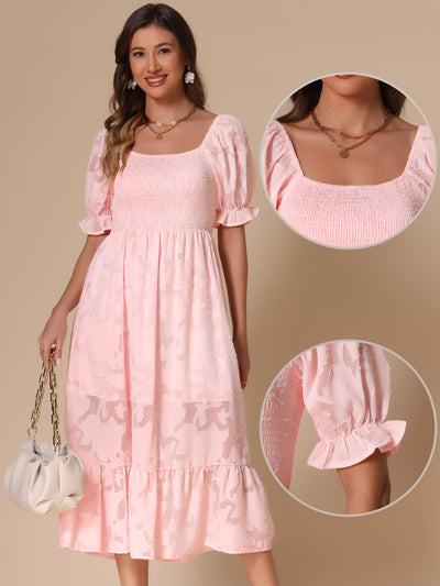 Puff Sleeve Smocked Textured Flowy Tiered Midi Dress