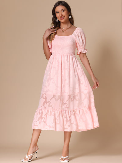 Puff Sleeve Smocked Textured Flowy Tiered Midi Dress