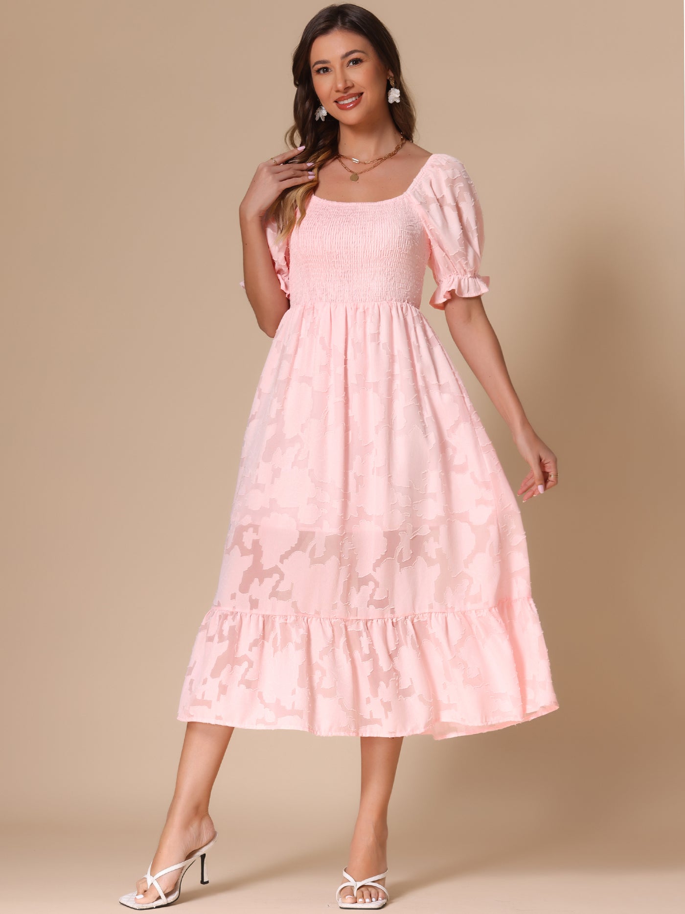 Allegra K Puff Sleeve Smocked Textured Flowy Tiered Midi Dress