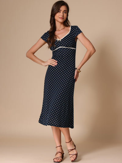 V Neck Cap Sleeve Polka Dots Vintage Midi Dress