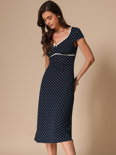 V Neck Cap Sleeve Polka Dots Vintage Midi Dress