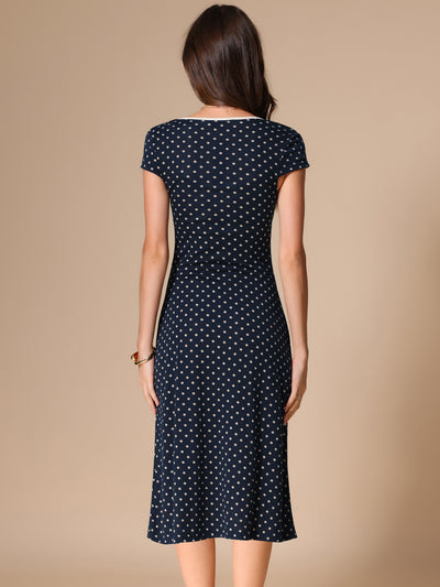 V Neck Cap Sleeve Polka Dots Vintage Midi Dress