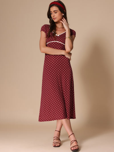 V Neck Cap Sleeve Polka Dots Vintage Midi Dress