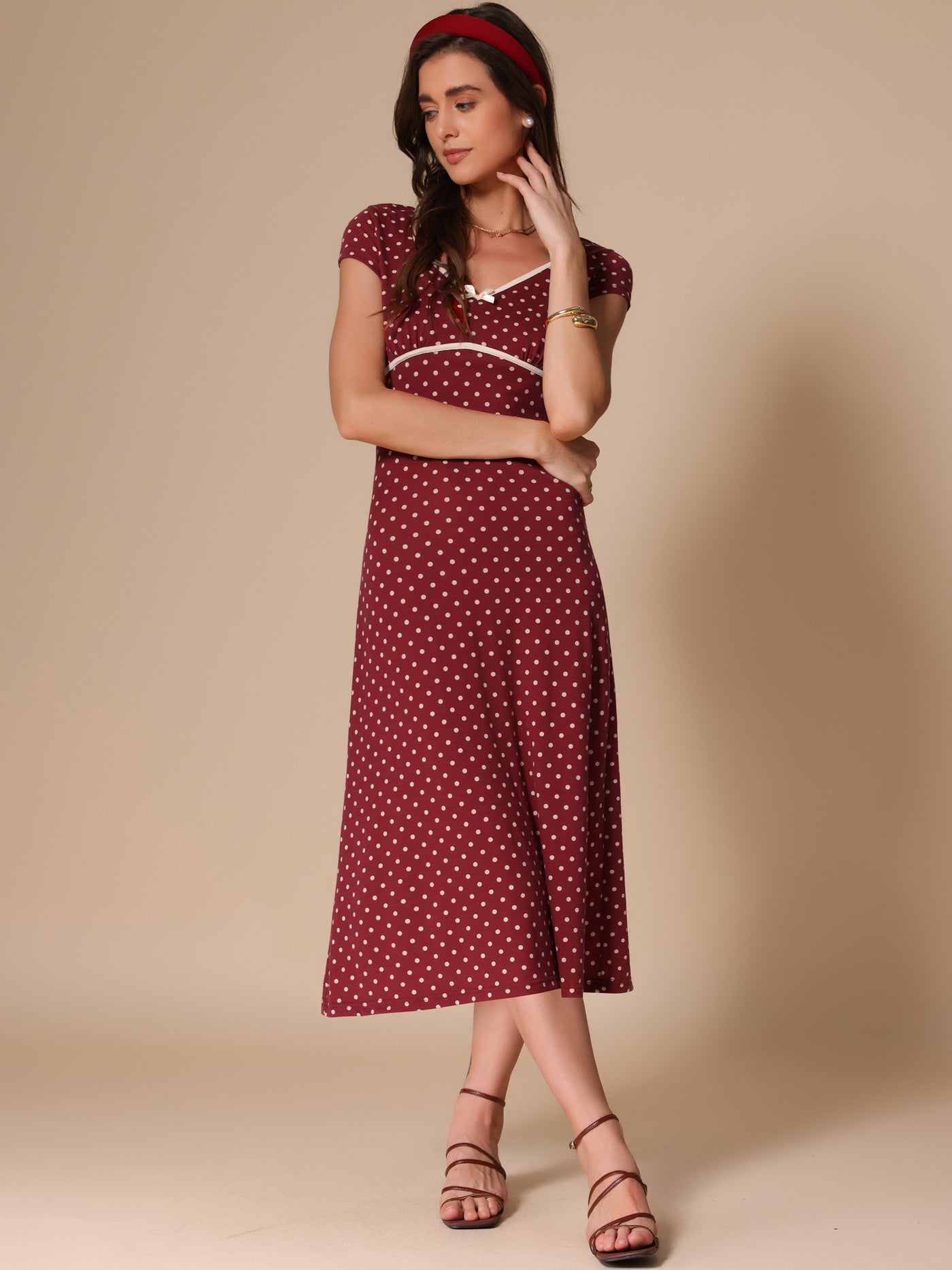 Allegra K V Neck Cap Sleeve Polka Dots Vintage Midi Dress