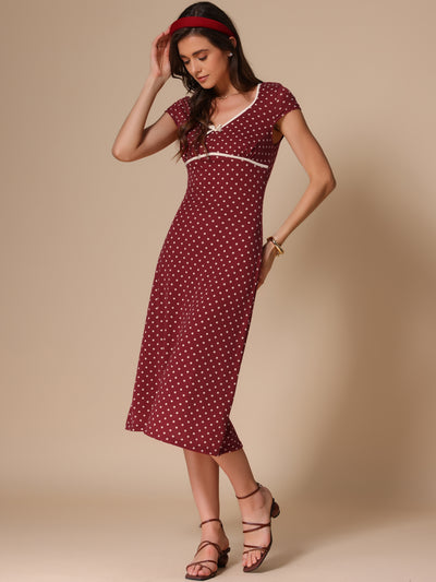 V Neck Cap Sleeve Polka Dots Vintage Midi Dress