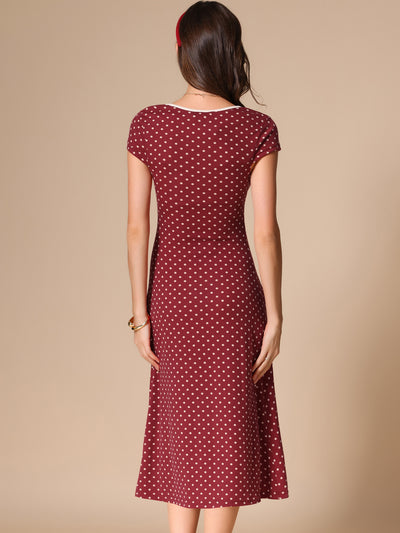 V Neck Cap Sleeve Polka Dots Vintage Midi Dress