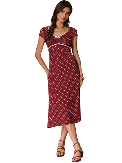 V Neck Cap Sleeve Polka Dots Vintage Midi Dress