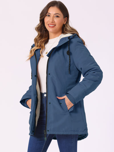 Tie Waist Pockets Polar Fleece Hooded Parka Jackets