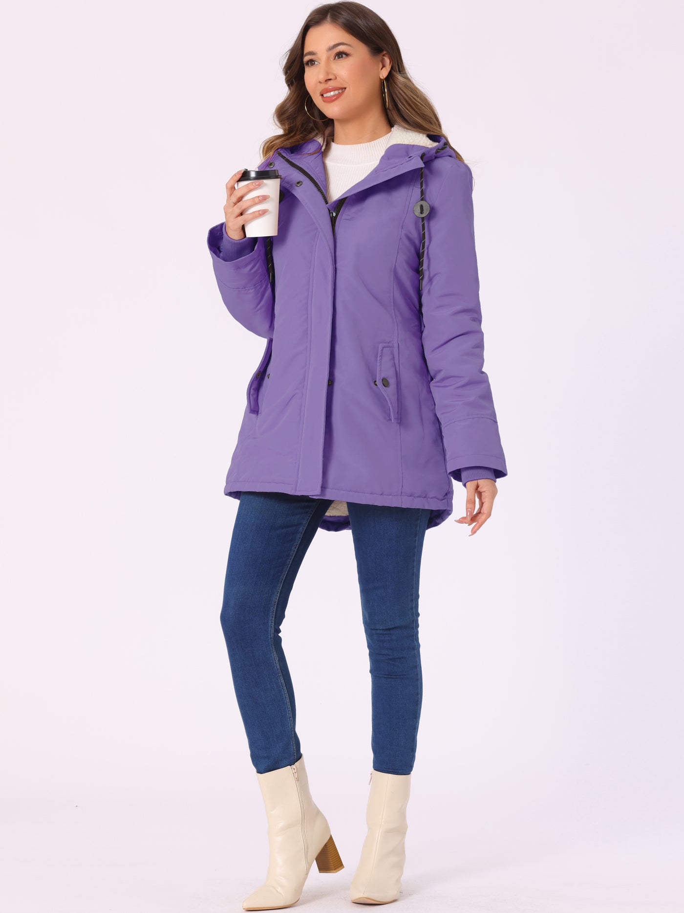 Allegra K Tie Waist Pockets Polar Fleece Hooded Parka Jackets