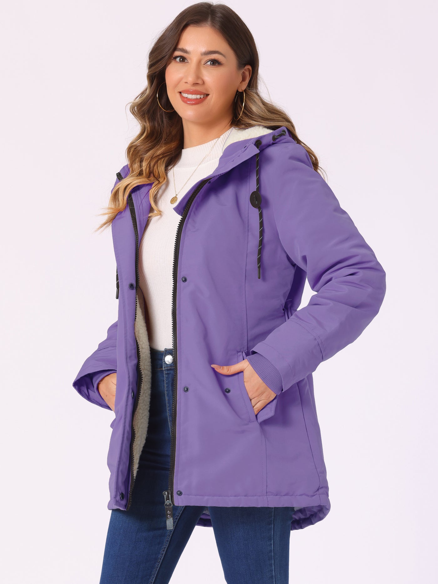 Allegra K Tie Waist Pockets Polar Fleece Hooded Parka Jackets