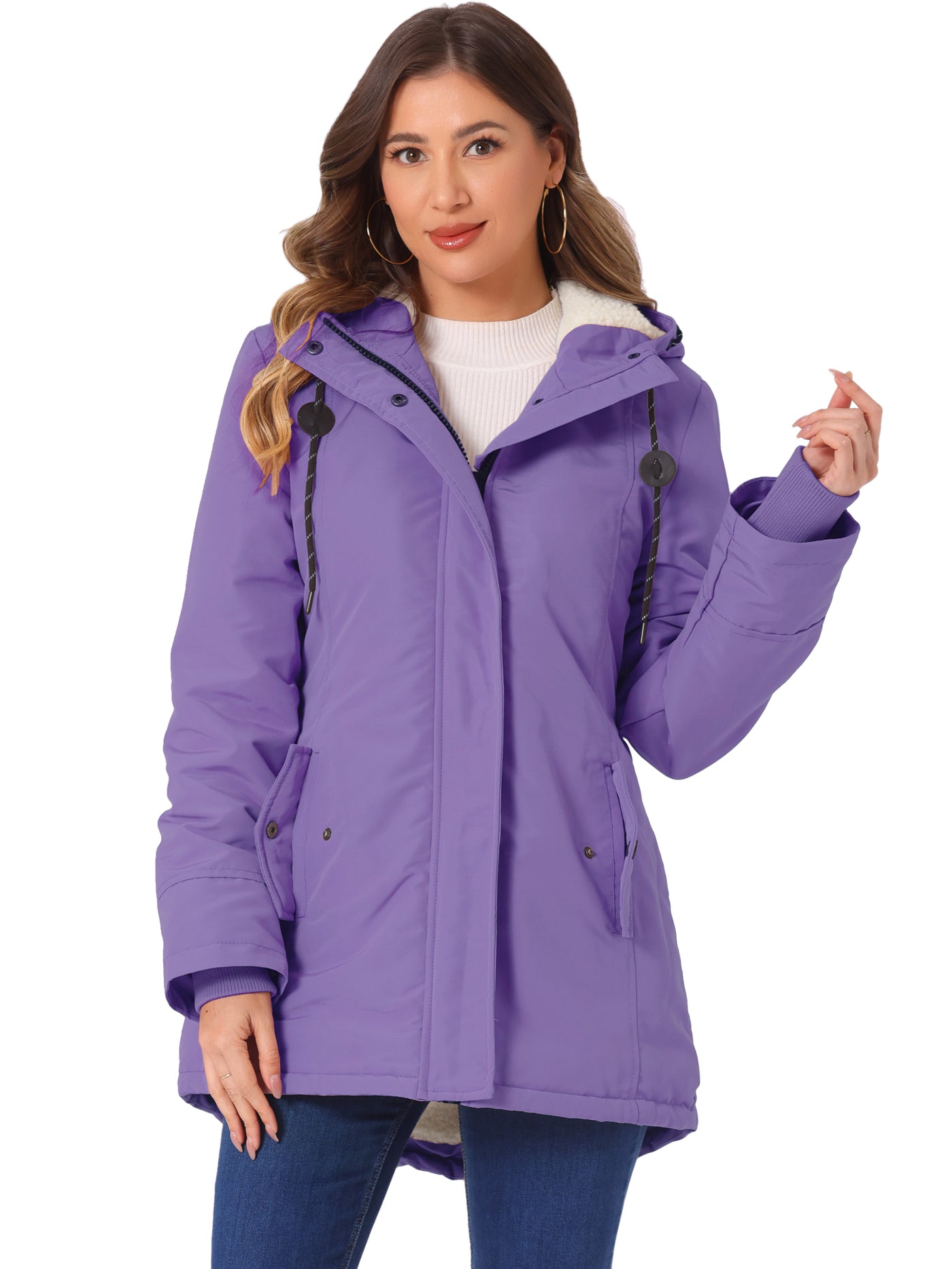 Allegra K Tie Waist Pockets Polar Fleece Hooded Parka Jackets