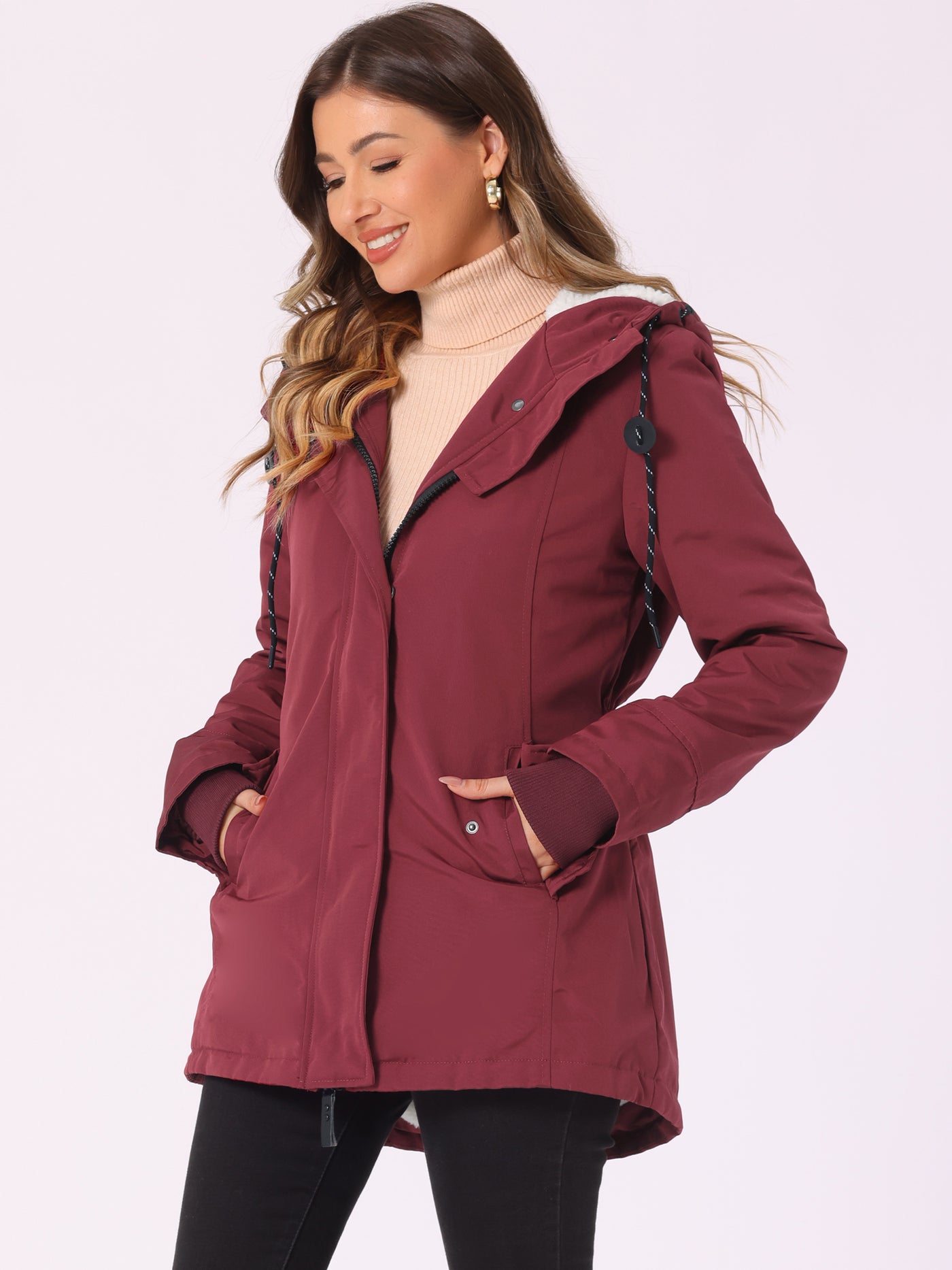 Allegra K Tie Waist Pockets Polar Fleece Hooded Parka Jackets