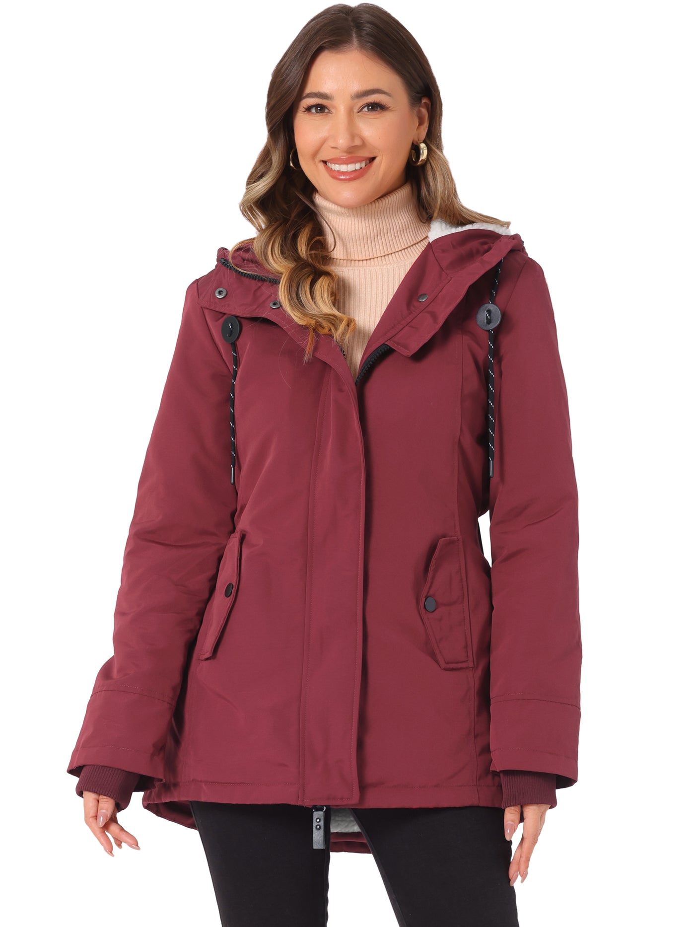 Allegra K Tie Waist Pockets Polar Fleece Hooded Parka Jackets