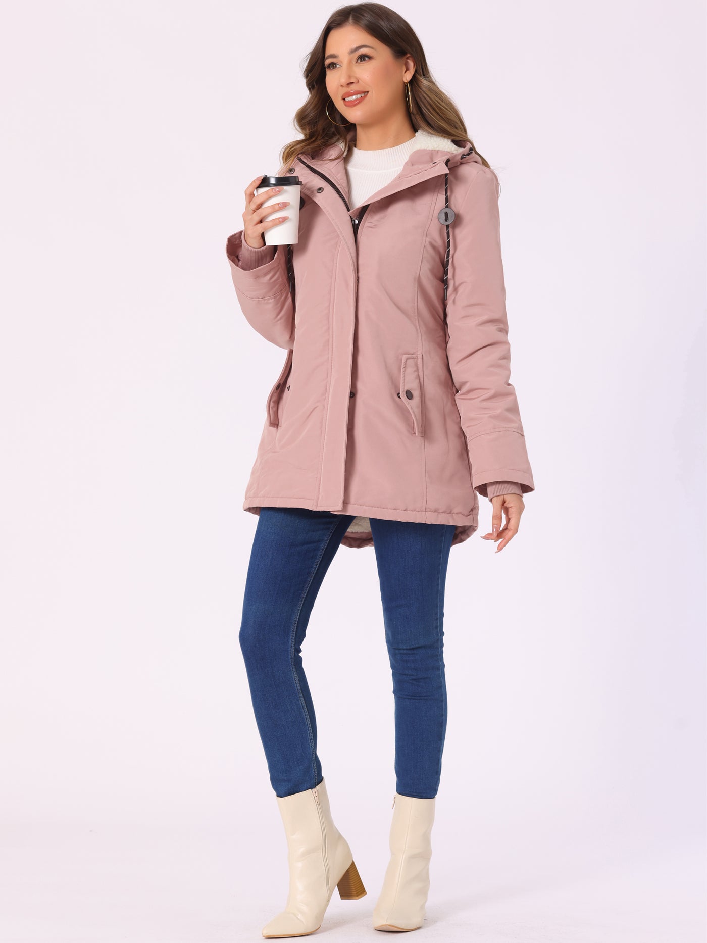 Allegra K Tie Waist Pockets Polar Fleece Hooded Parka Jackets