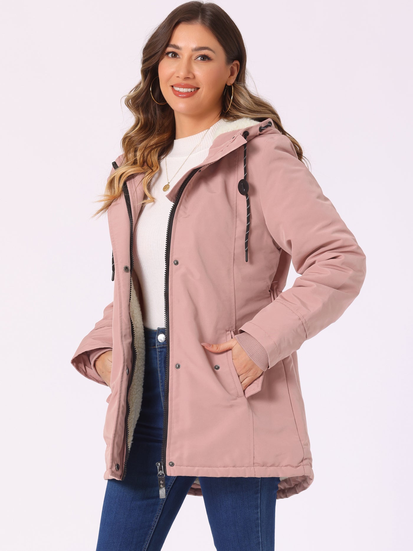 Allegra K Tie Waist Pockets Polar Fleece Hooded Parka Jackets