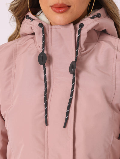 Tie Waist Pockets Polar Fleece Hooded Parka Jackets