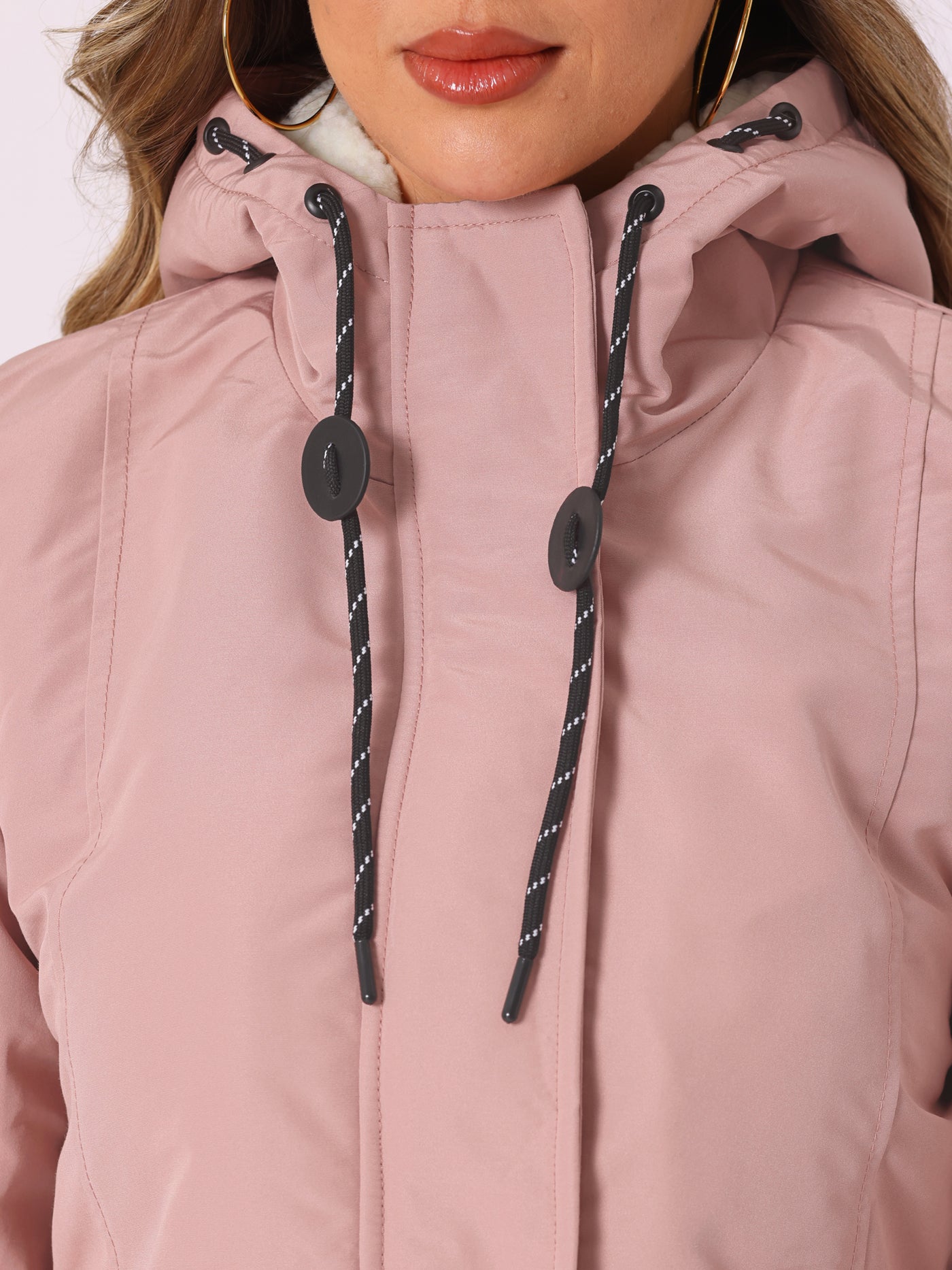 Allegra K Tie Waist Pockets Polar Fleece Hooded Parka Jackets