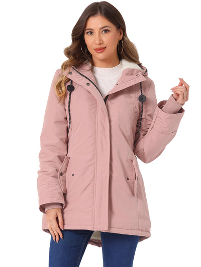 Tie Waist Pockets Polar Fleece Hooded Parka Jackets