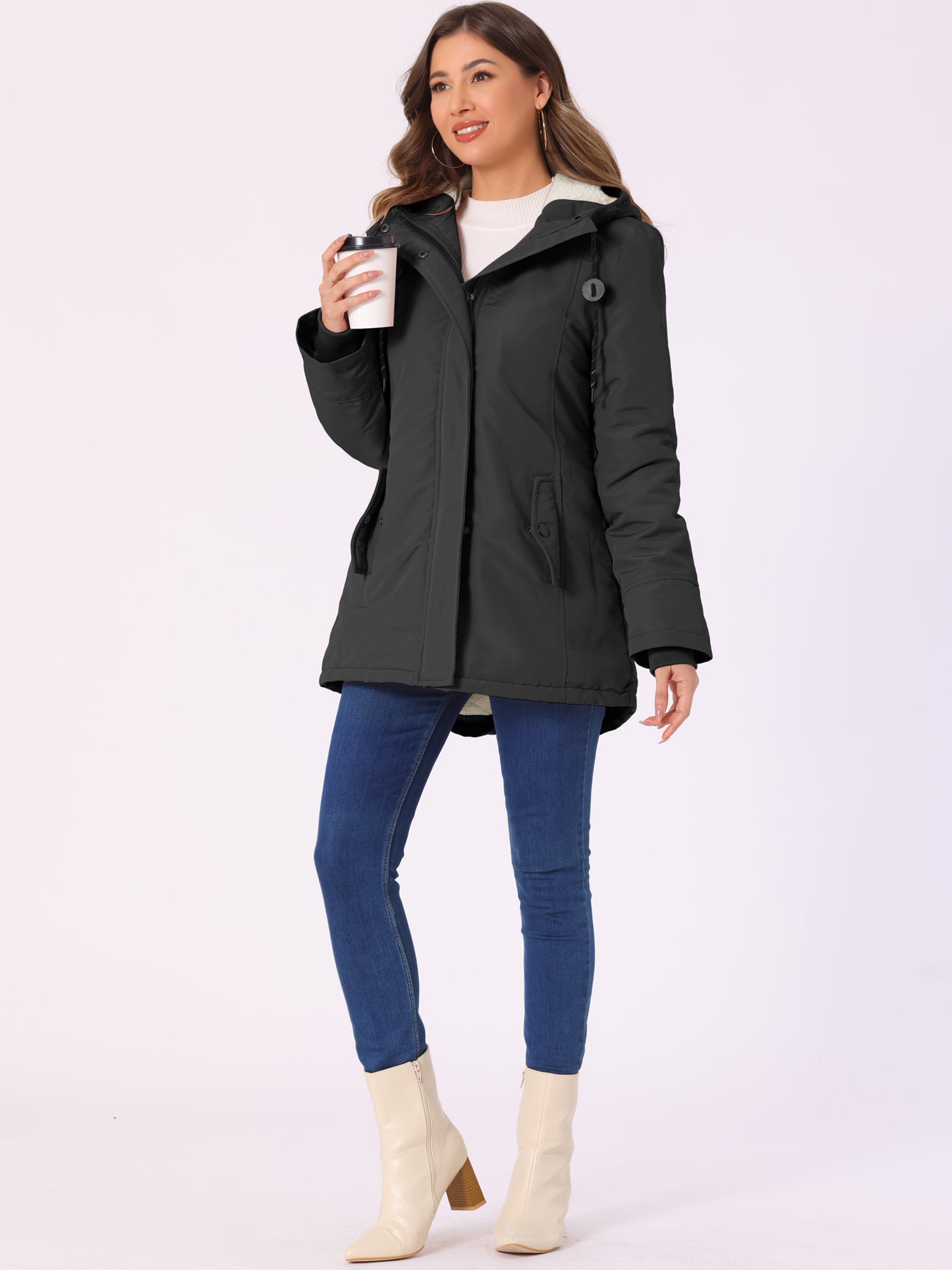 Allegra K Tie Waist Pockets Polar Fleece Hooded Parka Jackets