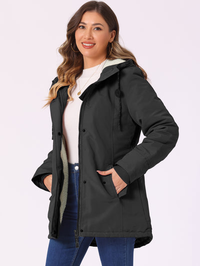 Tie Waist Pockets Polar Fleece Hooded Parka Jackets