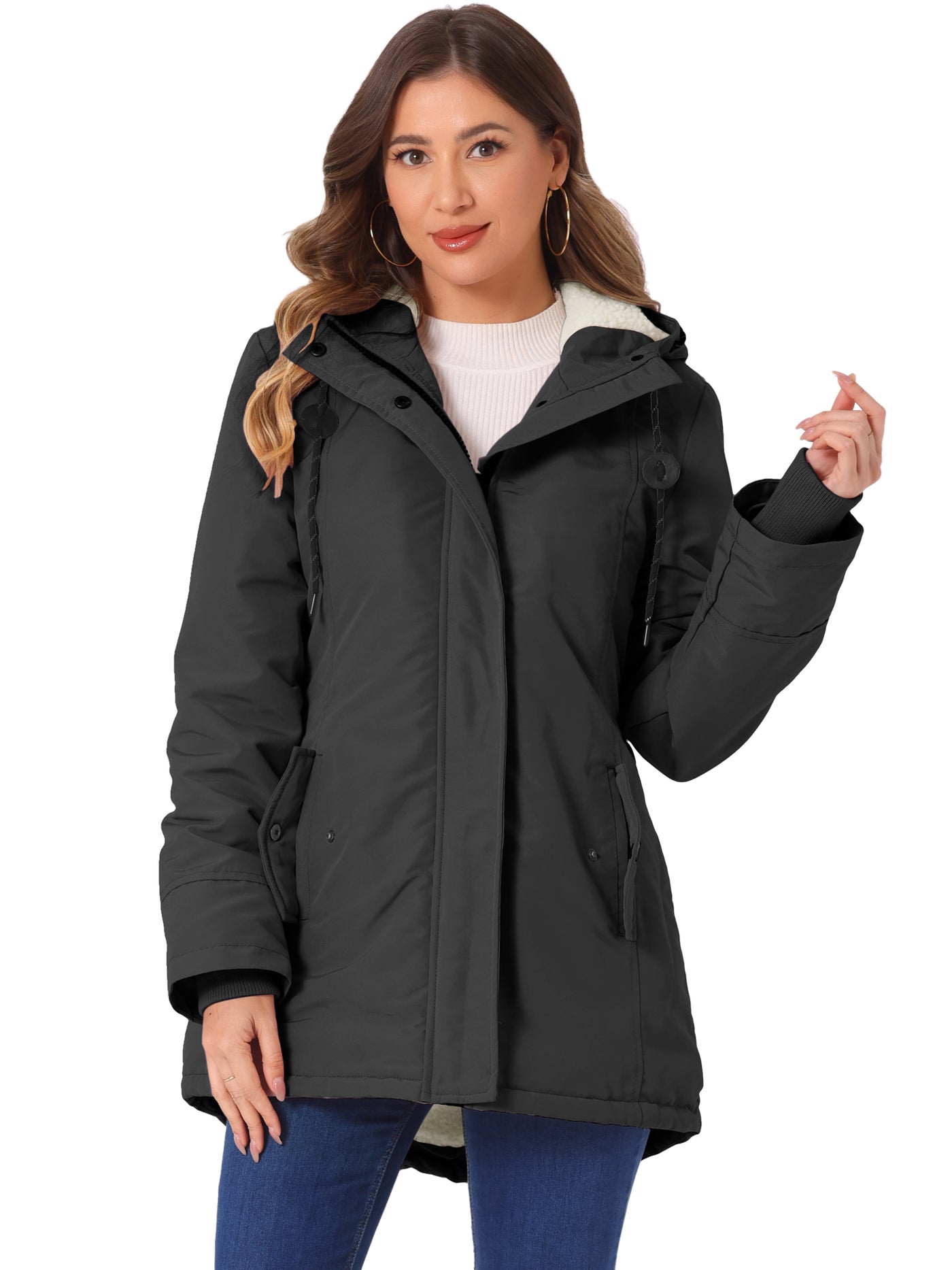 Allegra K Tie Waist Pockets Polar Fleece Hooded Parka Jackets