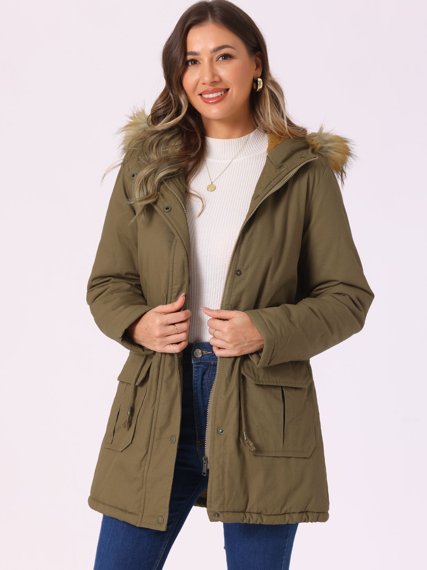 Allegra K Long Sleeves Windproof Faux Fur Hooded Parka Jacket