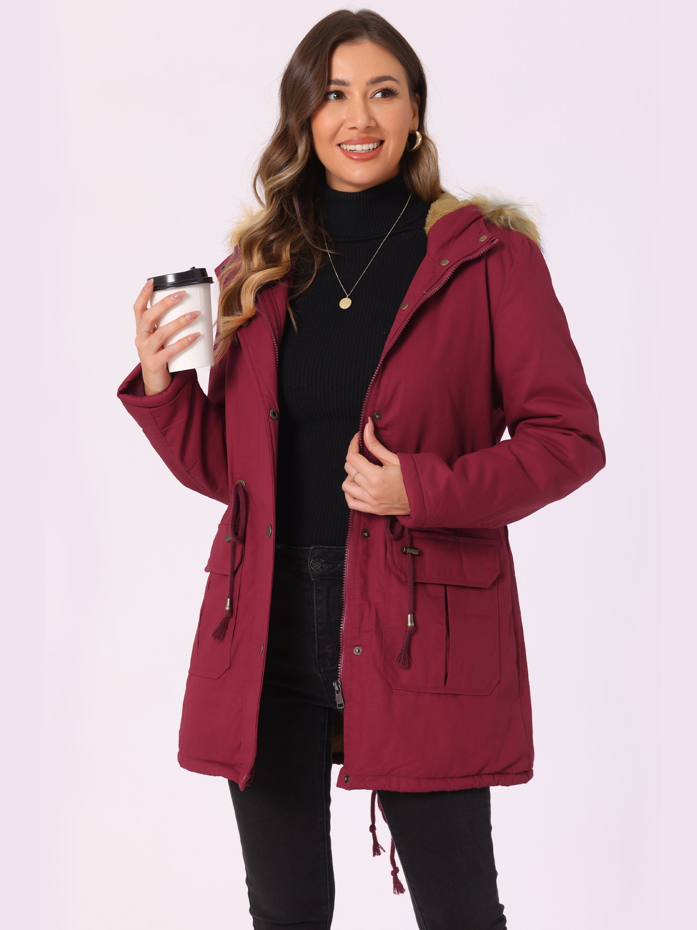 Allegra K Long Sleeves Windproof Faux Fur Hooded Parka Jacket