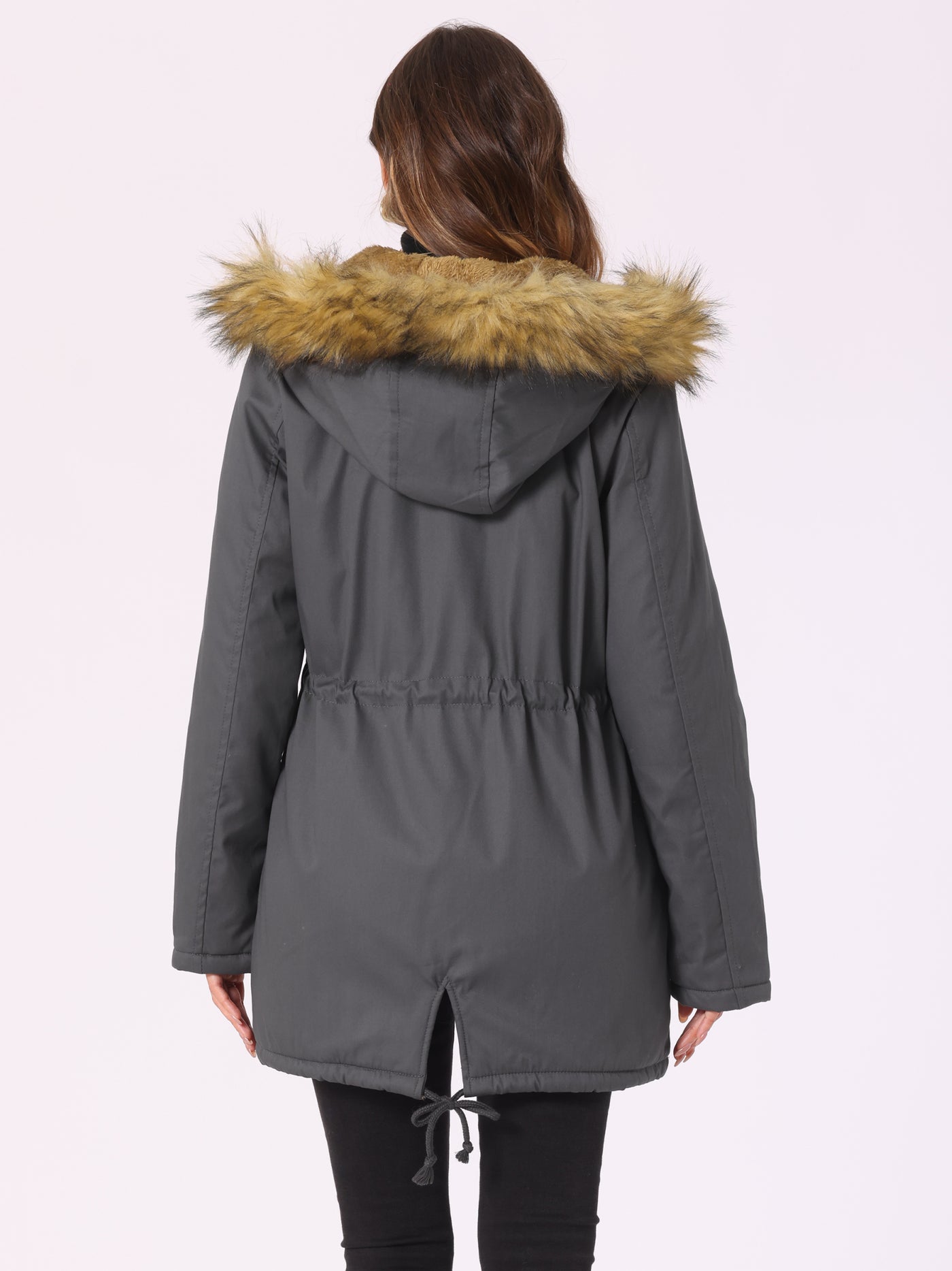 Allegra K Long Sleeves Windproof Faux Fur Hooded Parka Jacket