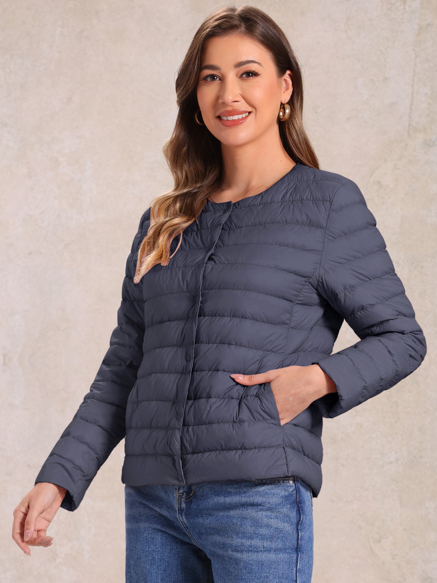 Allegra K Lightweight Button Down Packable Long Sleeve Puffer Jacket