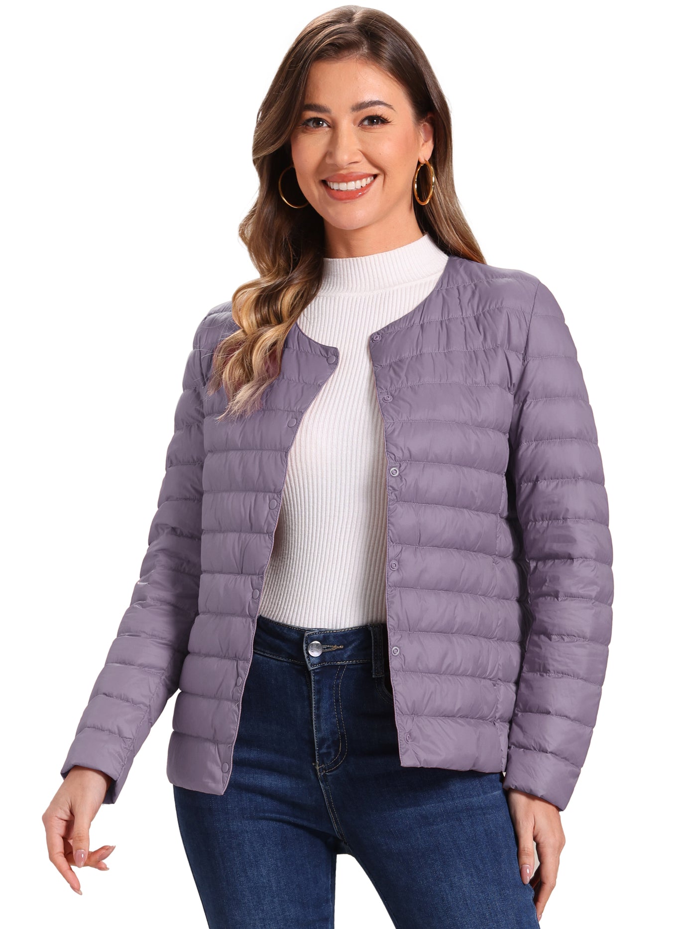 Allegra K Lightweight Button Down Packable Long Sleeve Puffer Jacket