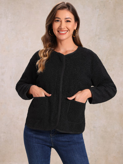 Fuzzy Fleece Collarless Pocketed Long Sleeve Jacket